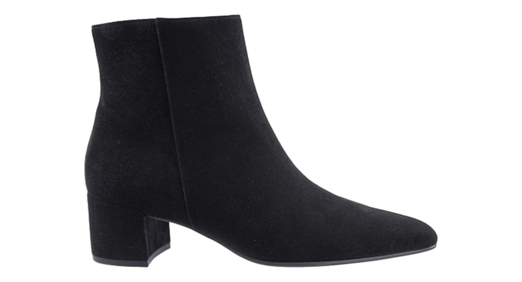 black suede ankle boots with a low heel