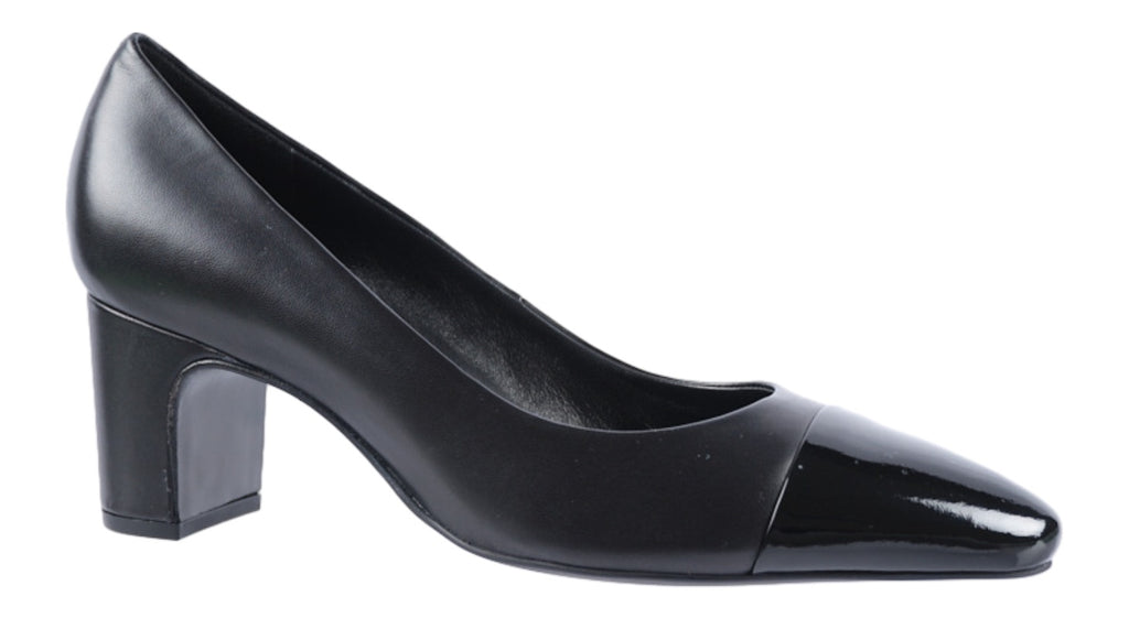 Black soft leather court shoe with patent toe cap. 60mm heel.