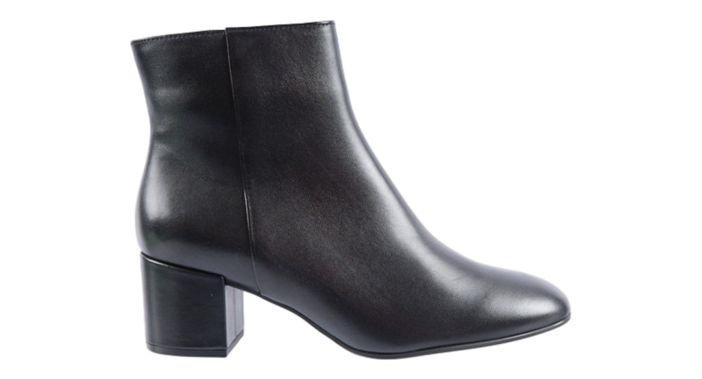 Black leather ankle boot with a 50mm block heel.