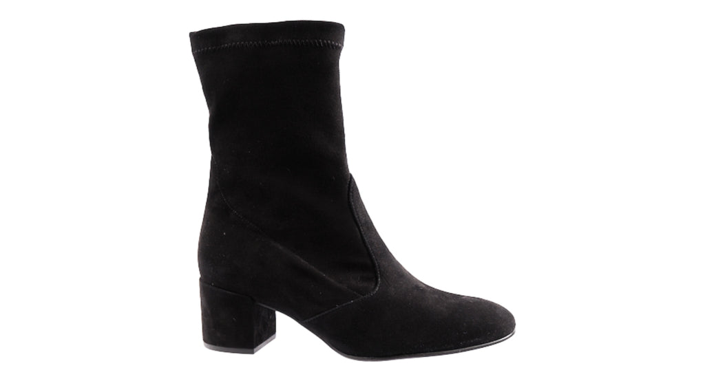 Black stretch suede heeled ankle boot with 50mm heel.