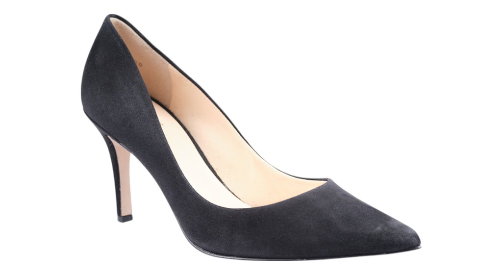 Black suede high-heeled shoes