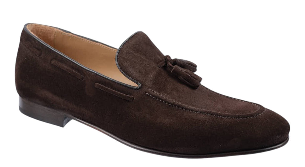 men's dark brown suede tassel moccasin