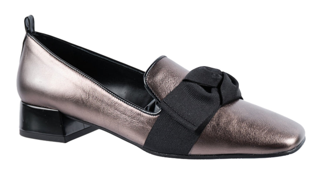 Pewter leather slipper front shoe with black fabric bow. 25mm heel