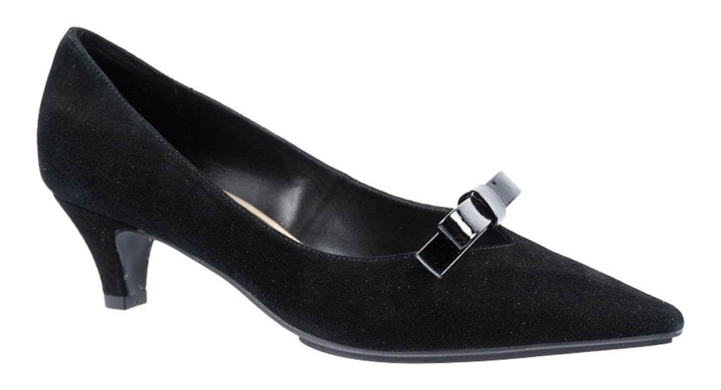 Black suede court with a patent leather small bow