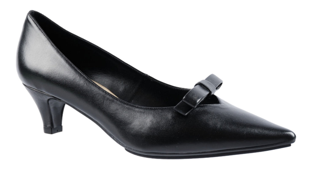 Black soft leather court with small bow detailing.