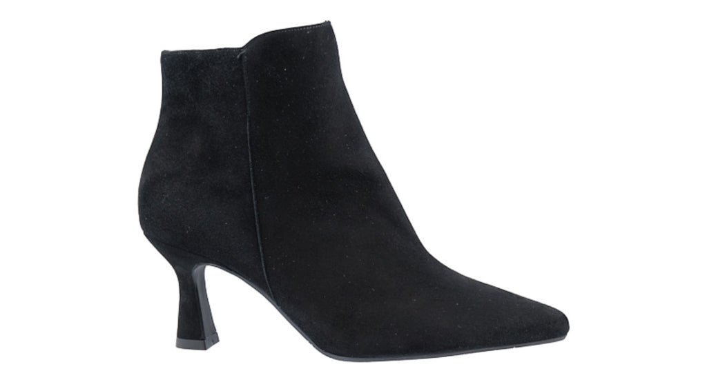 Black suede ankle boot with pointed toe cap. 60mm heel