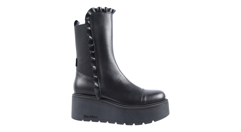 Marco Moreo black leather boots on a platform sole.