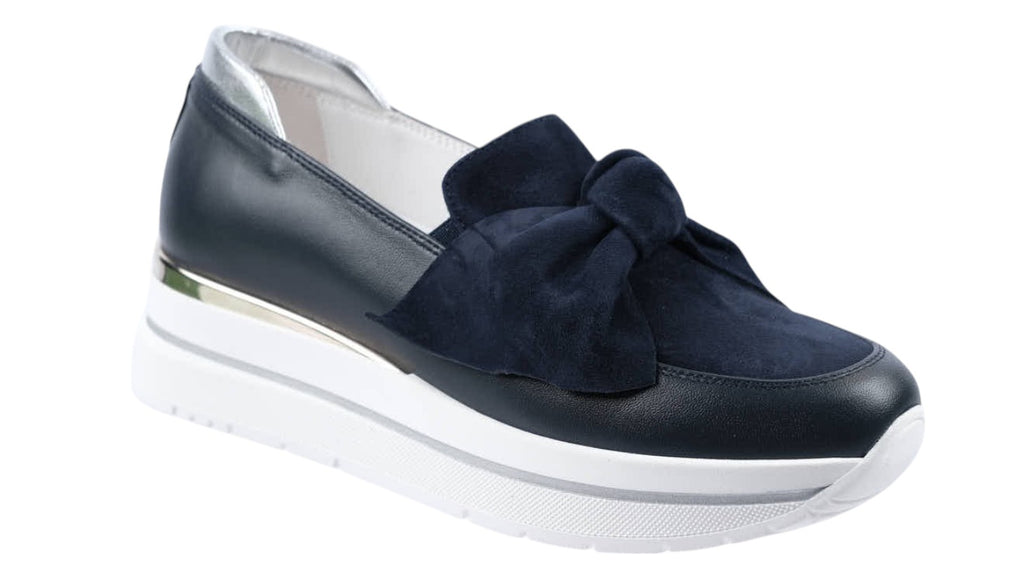 Navy soft leather and suede slip on wedge with bow detailing