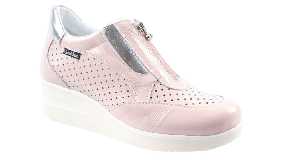 Pale pink patent leather perforated wedge with front zip