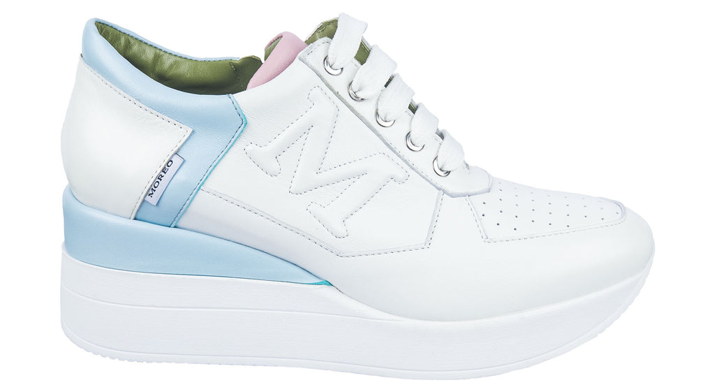 Marco Moreo white leather wedge trainer  with blue and pink detailing