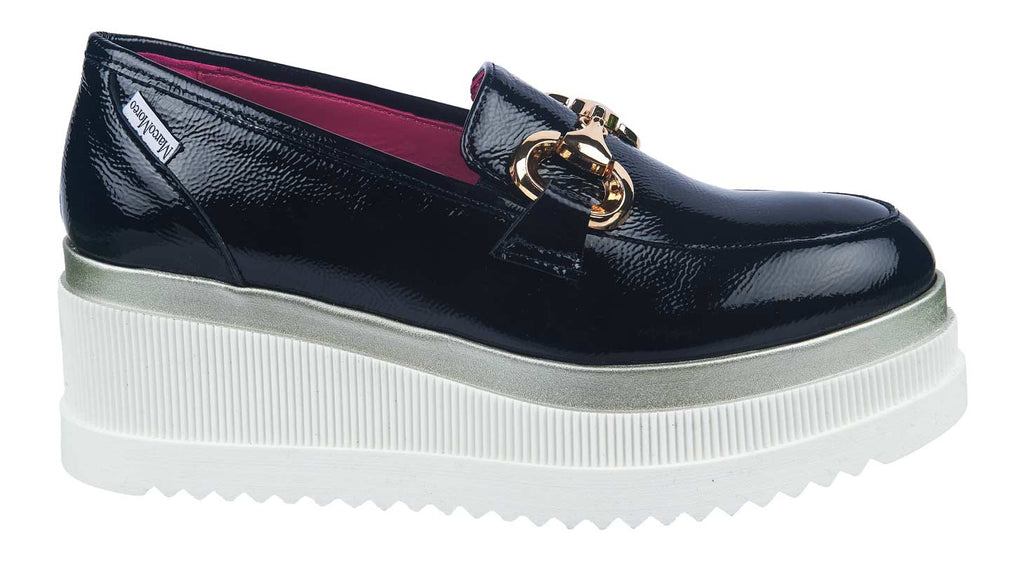 navy patent leather ladies wedge shoes with gold buckle and white sole from Marco Moreo Italy