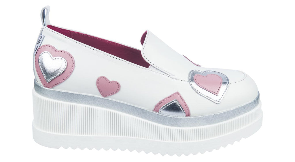 Marco Moreo white leather wedges with pink and silver hearts detailing