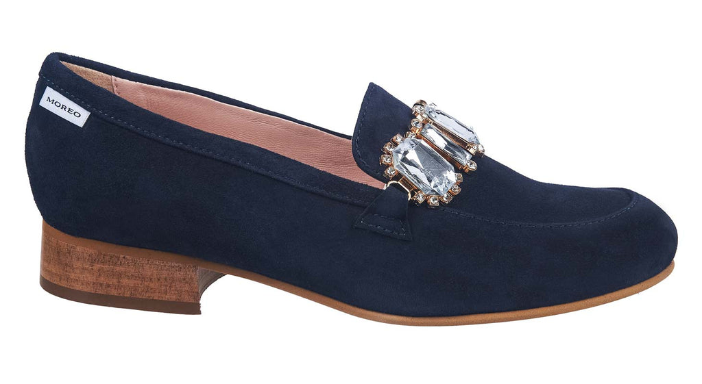 Navy suede low heel loafers with gem detail from Marco Moreo shoes