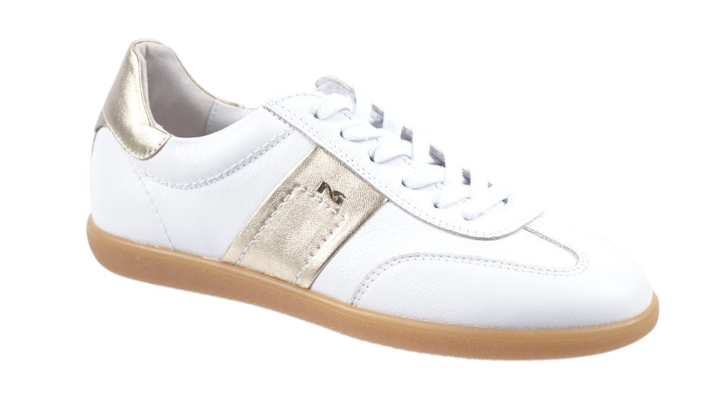 White leather trainer with gold details