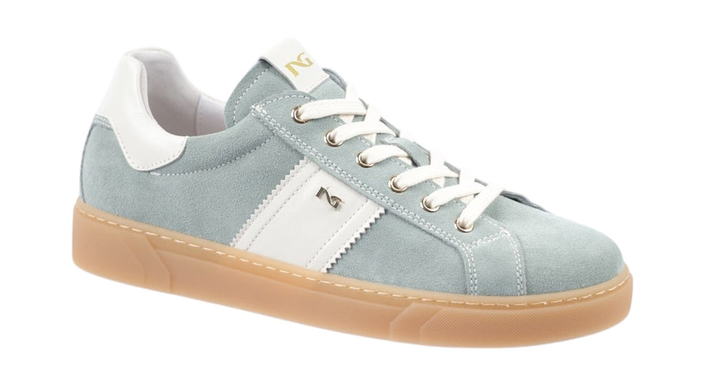 Pale green sneakers.