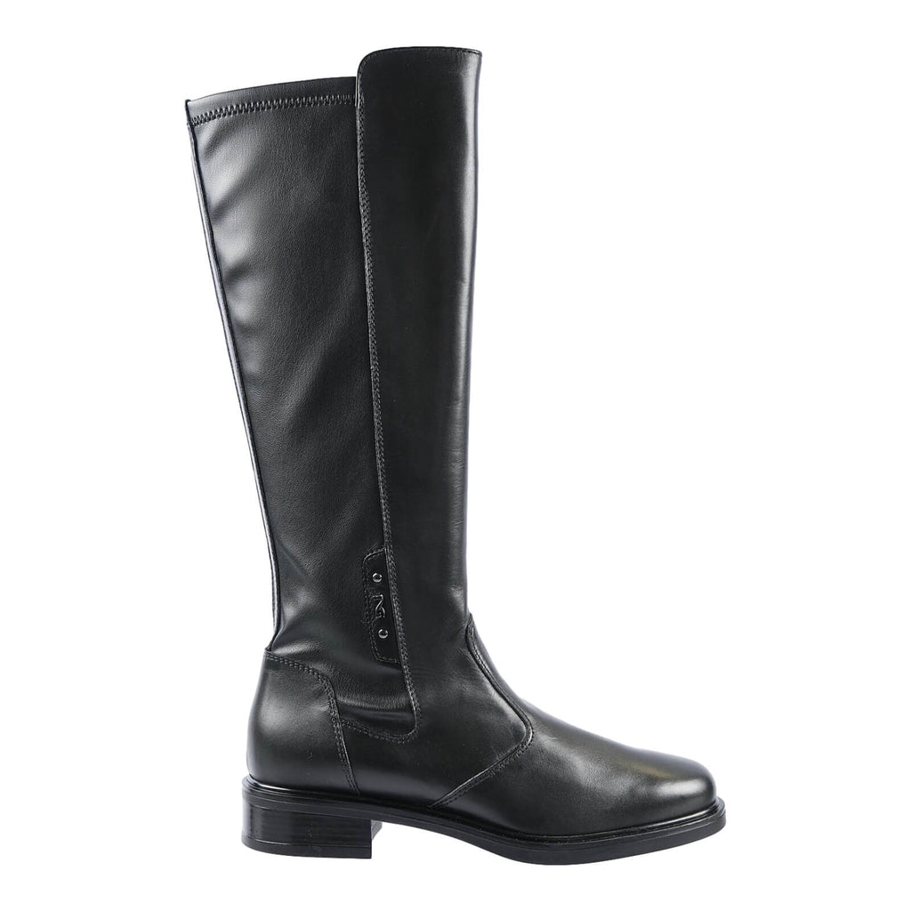 Black leather knee high boot with stretch leatherette at the back. 25mm heel
