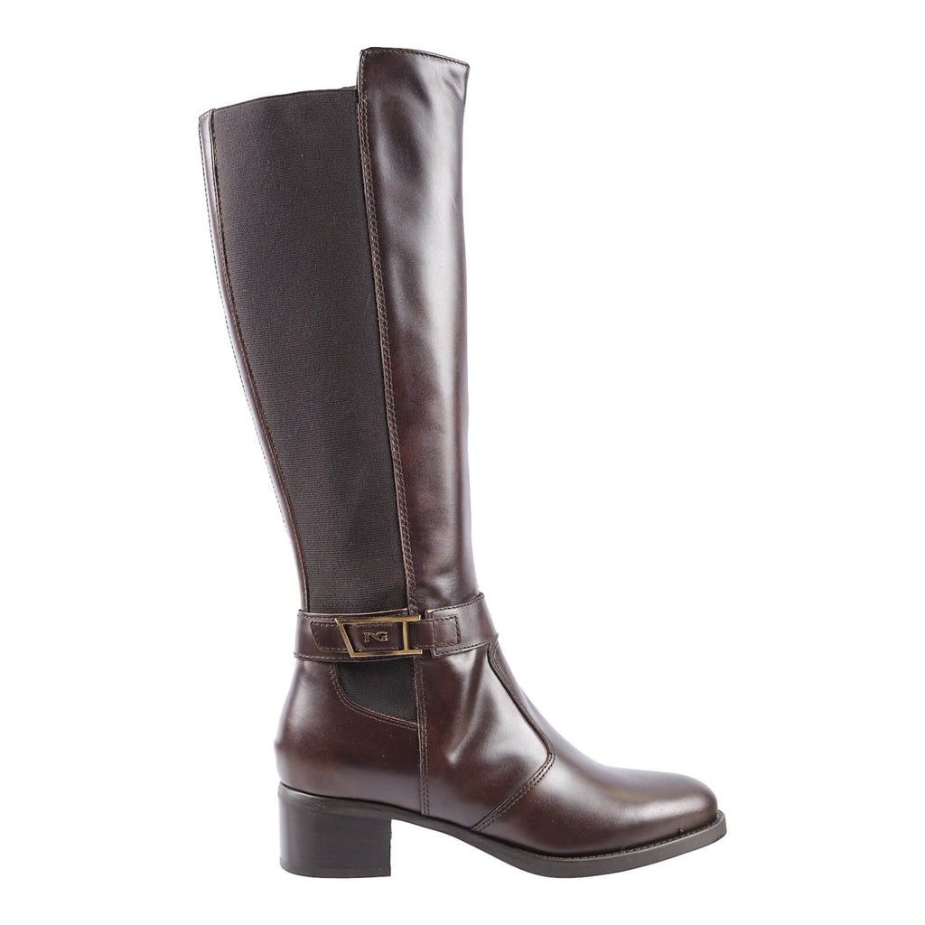 Dark brown leather knee hight boot with buckle detailing. 35mm heel