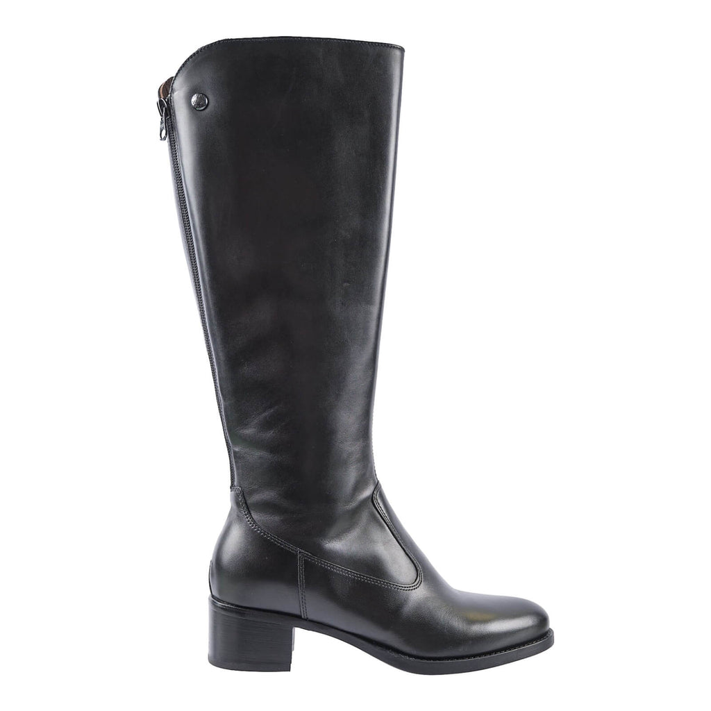 Black leather knee high boot with inset at the back. 35mm heel