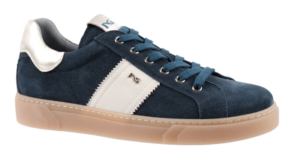 Navy suede and gold leather sneakers