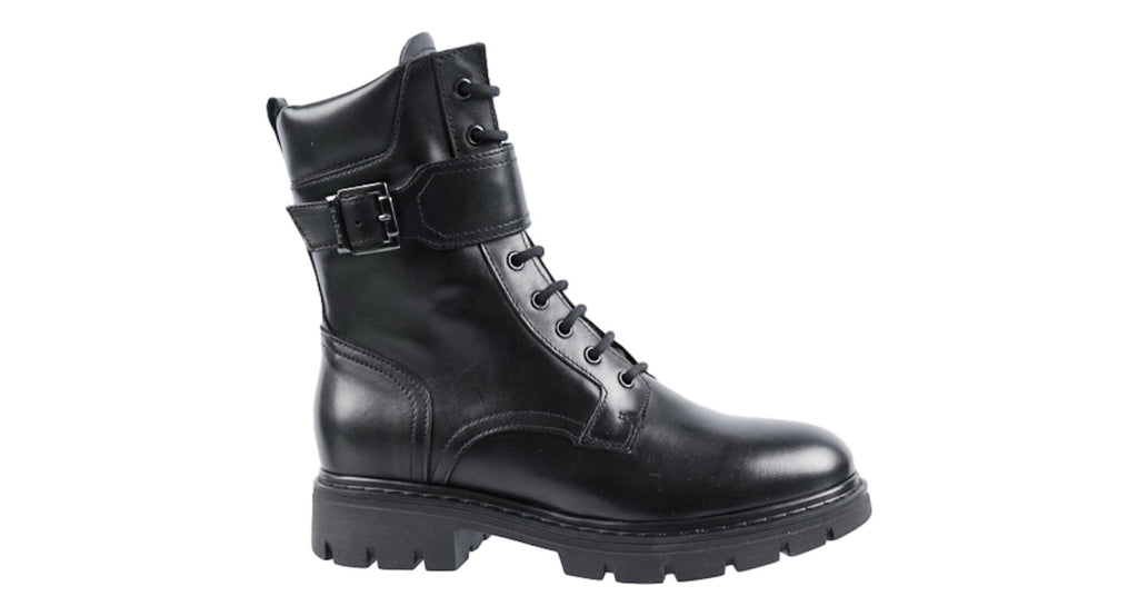 Black leather laced boot with buckle detail