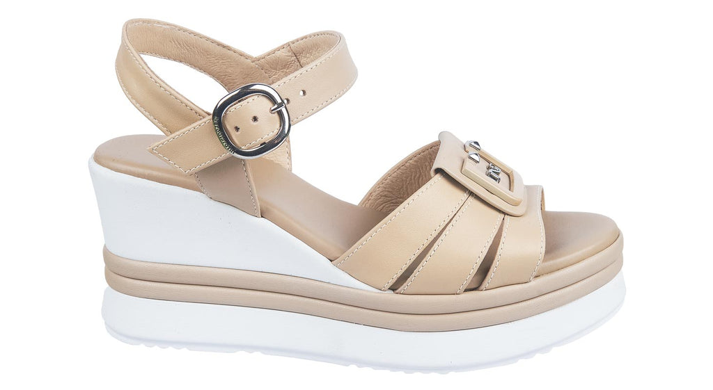 Ladies beige wedge sandals at Thomas Patrick Shoes