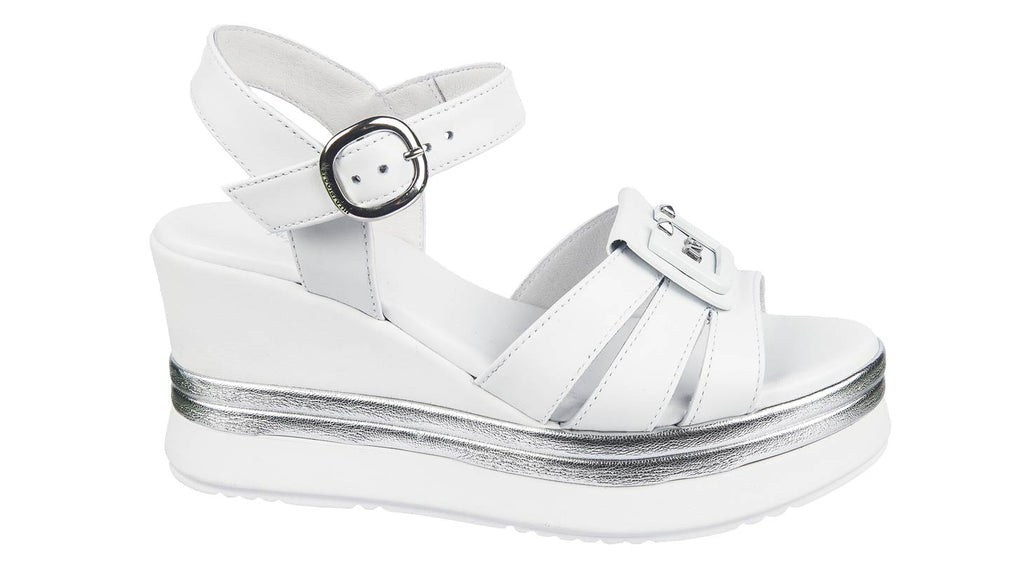 Ladies white leather strap wedge sandals at Thomas Patrick shoes