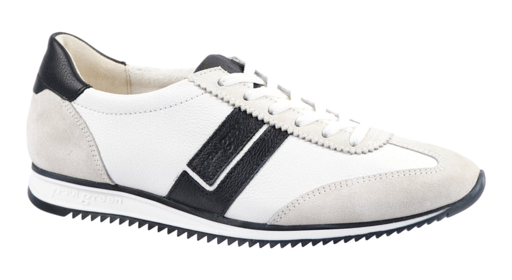White leather sneakers with cream suede and black leather details