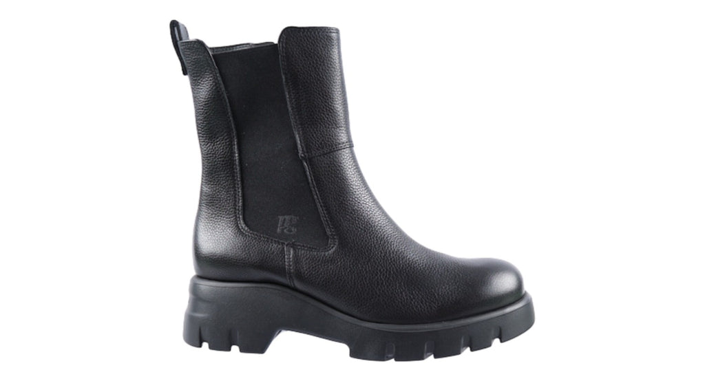Black leather Chelsea flat boots.