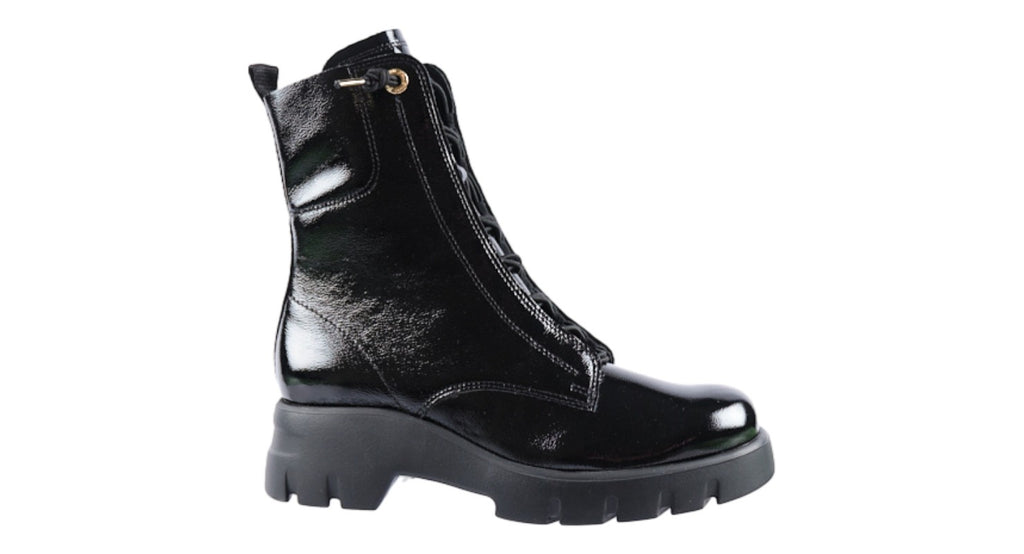 Black soft patent leather laced boots