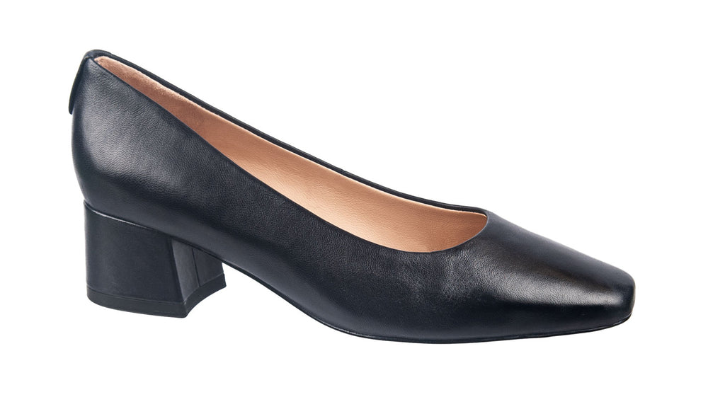 Dark navy soft leather court shoe with 45mm heel.