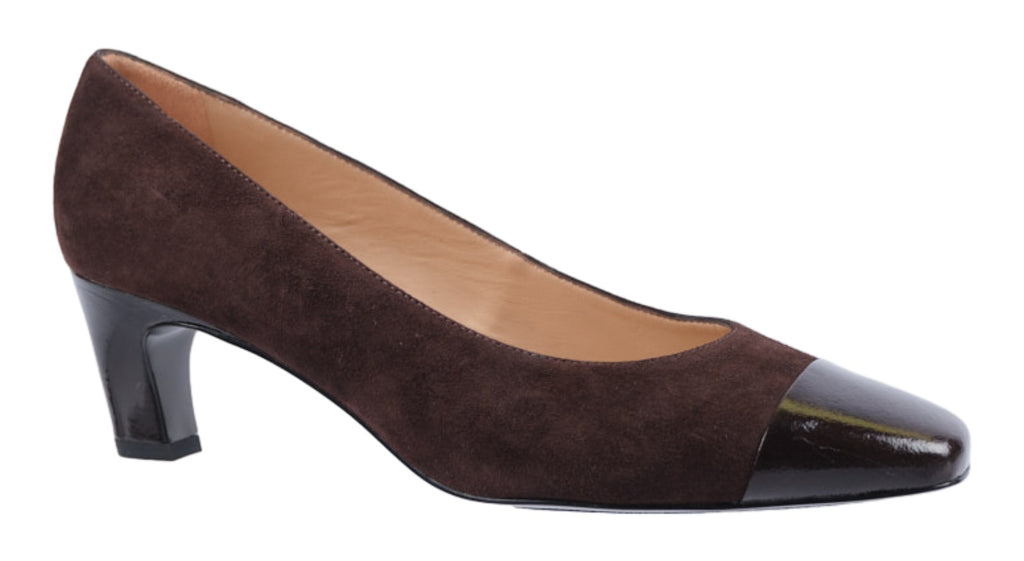 Brown suede court shoes with a black patent toe cap