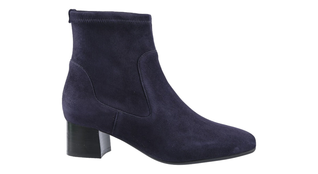Navy stretch suede ankle boots with heel