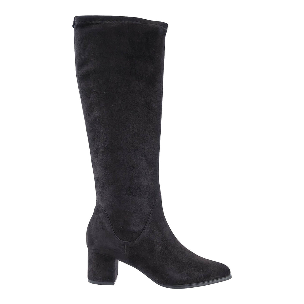 Black stretch suede knee high boot with 60mm heel