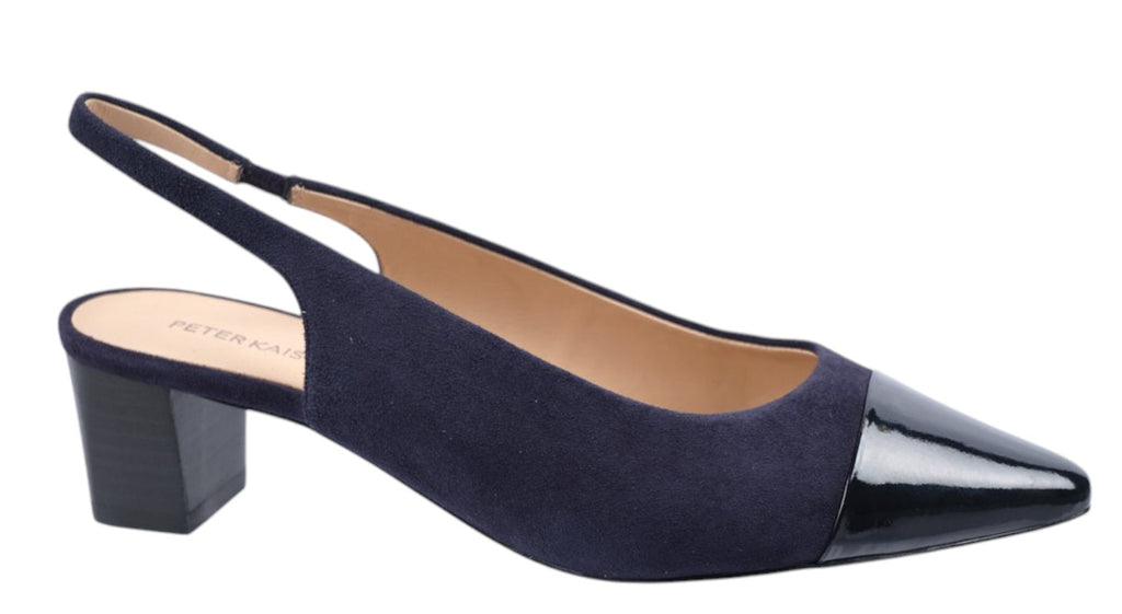 Navy suede slingback heel with navy patent toe cap and 45mm heel