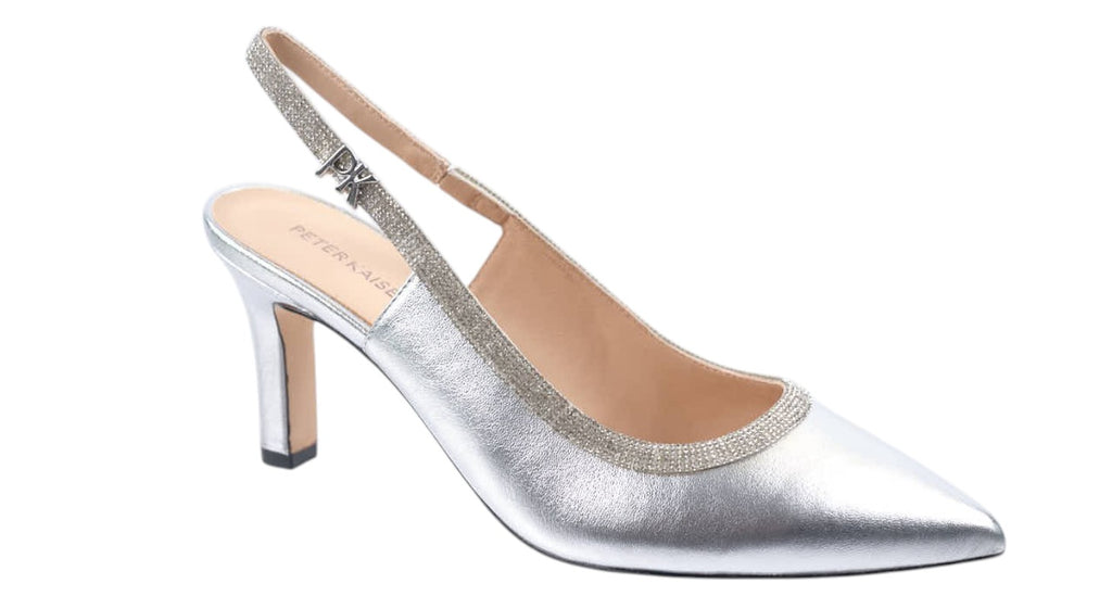 Silver leather slingback heel with glitzy detailing and 78mm heel
