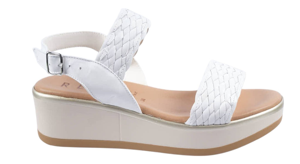 White two strap weave low wedge leather sandals