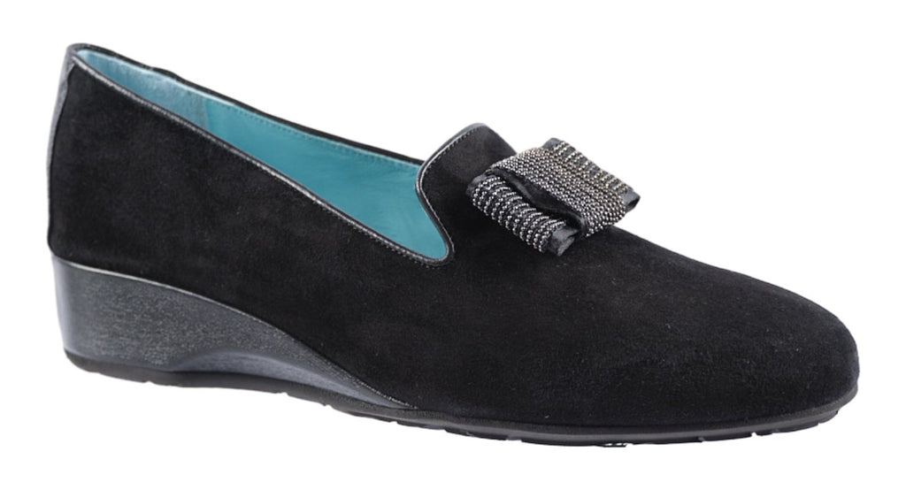 Black suede slipper front wedge with glitzy bow