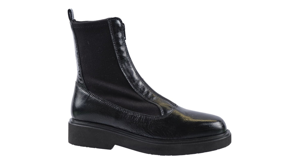 Black patent leather flat ankle boots