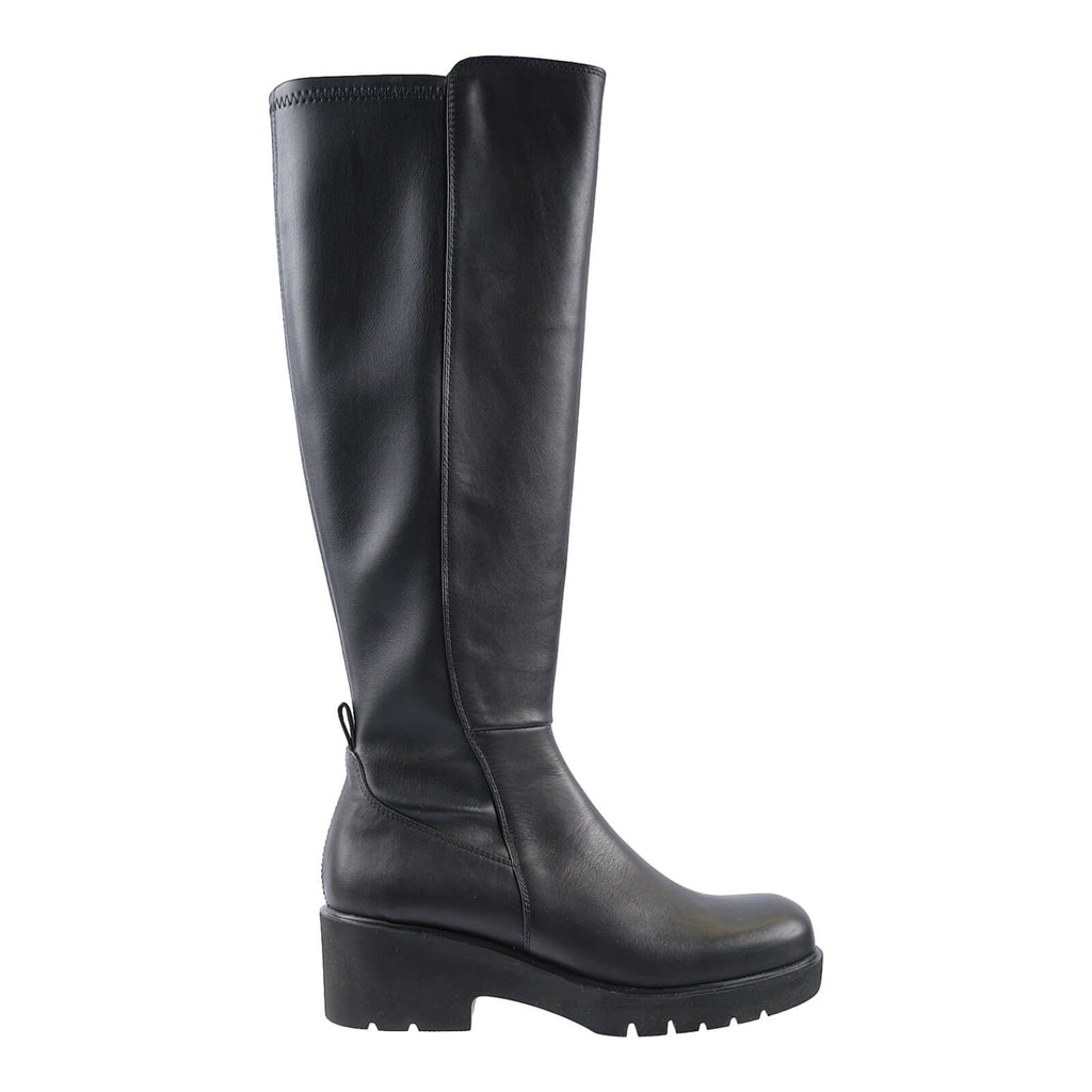 Black leather knee high boot with stretch leatherette at the back