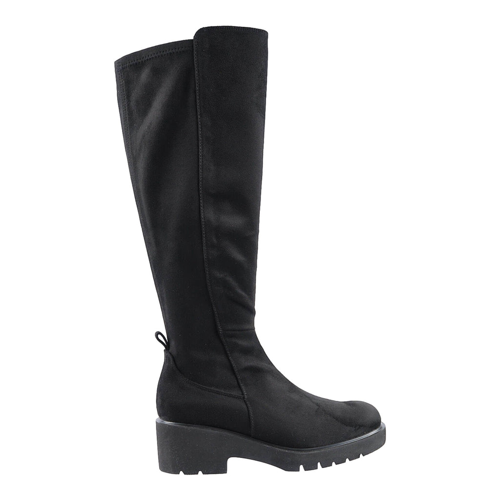 Black suede knee high boot with stretch suedette at the back