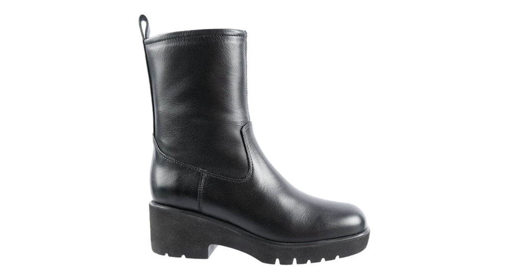 Black leather ankle boots with low heel.