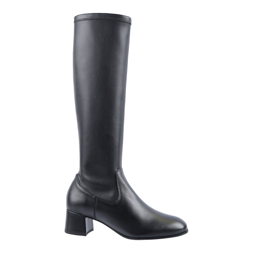 Black stretch leather knee high boot