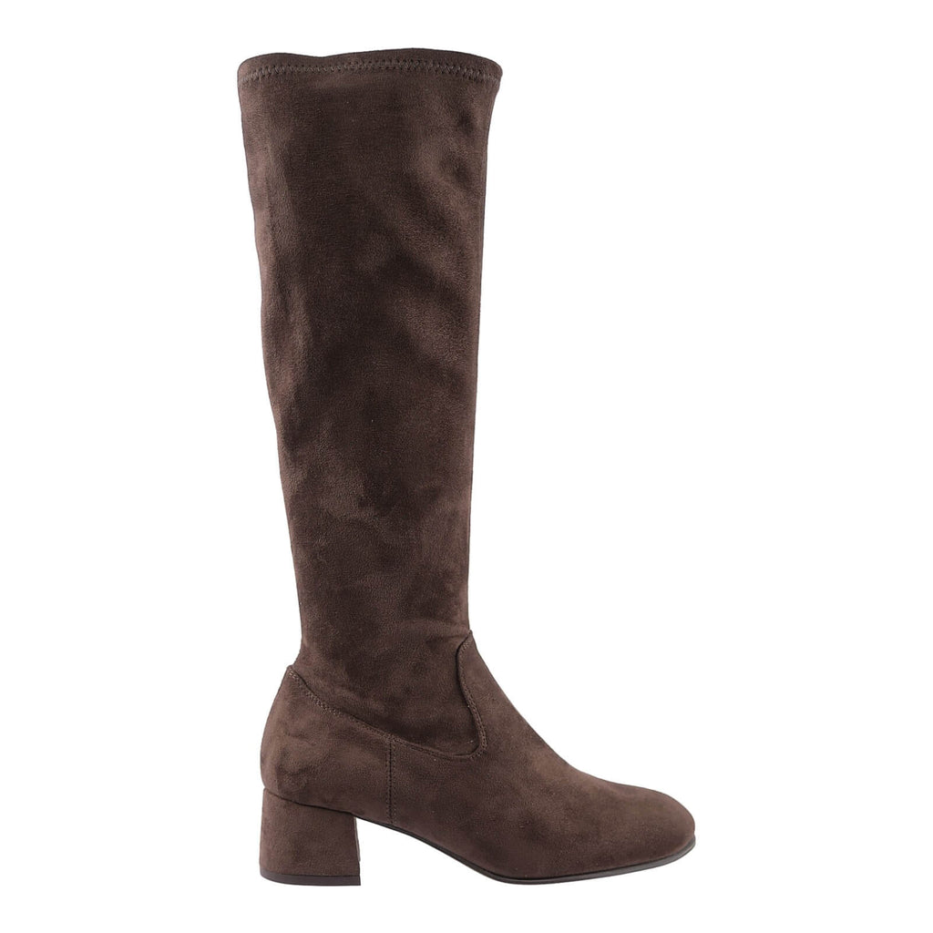 Brown stretch suede women's knee high boots with mid heel.