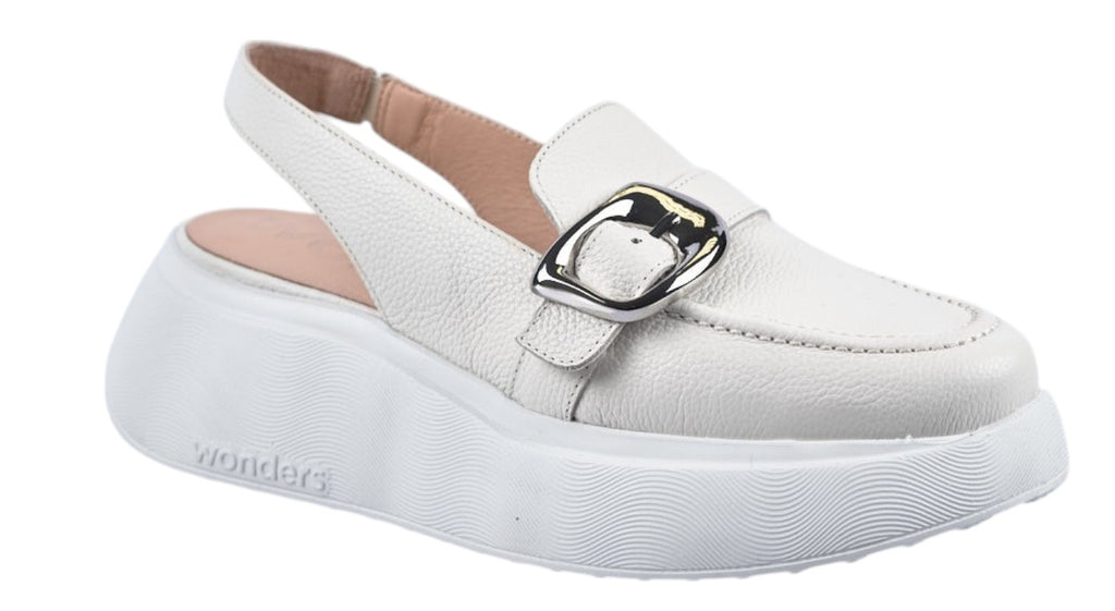 Off white leather sling back wedge with silver buckle from Wonders