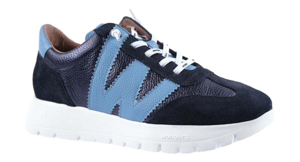 Navy leather trainer with pale blue leather detailing