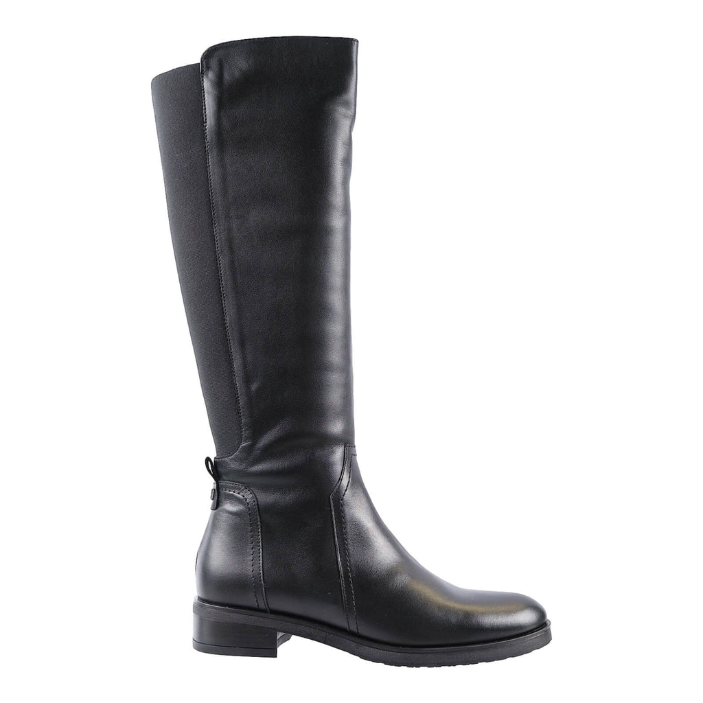 Black leather knee high boots with elastic rear panel