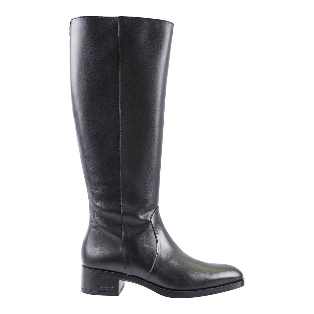 Black leather women's knee high boots with low heel.