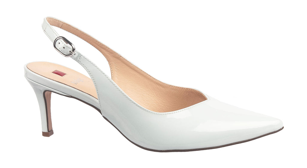Hogl pale blue patent leather sling back heels