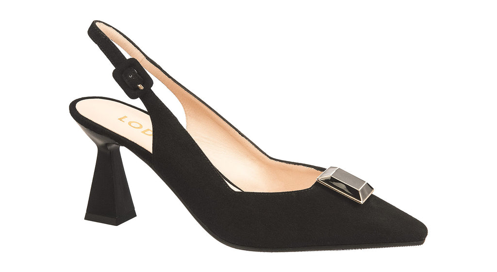 Lodi slingback shoes in black suede with trim heel