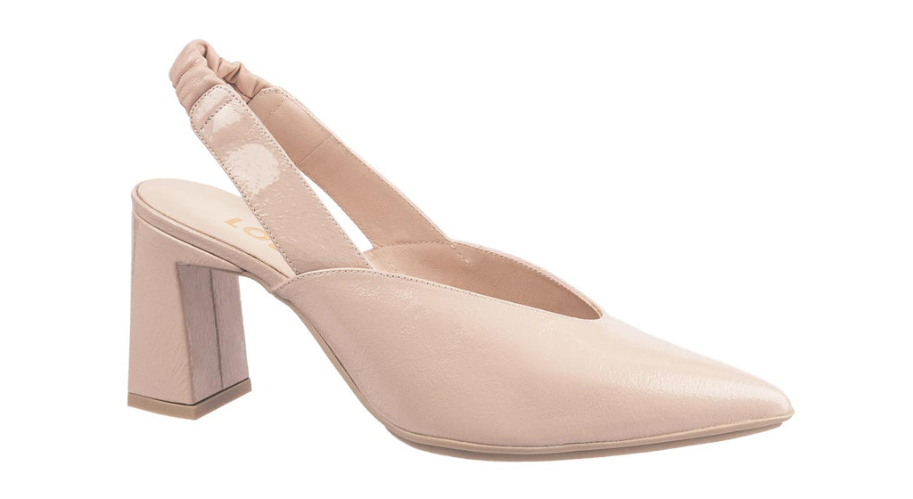 Lodi sling back heels in pinky beige patent